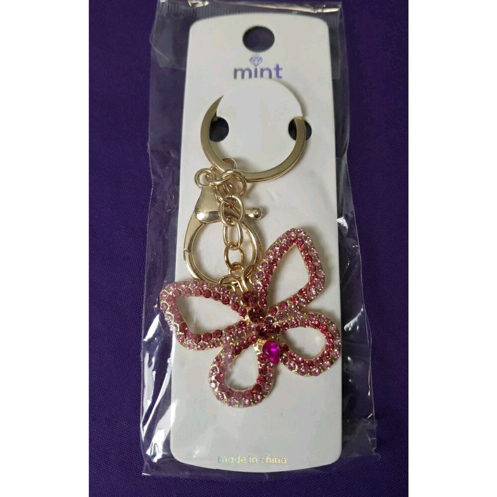 Mint Pink Butterfly Rhinestone Purse Charm Key Ring Chain Gold Tone New